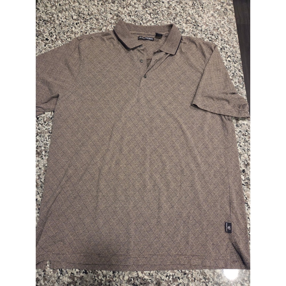 John‎ Henry Mens XL Brown Geometric Diamond Print Short Sleeve Polo Shirt